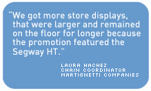 We got more store displays, that were larger and remained on the floor for longer, because the promotion featured the Segway HT.